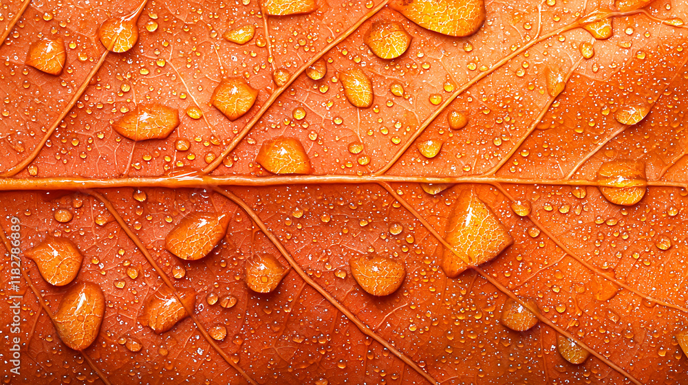 Fototapeta premium vibrant close up shot of orange leaf with tiny droplets of water, showcasing nature beauty and detail