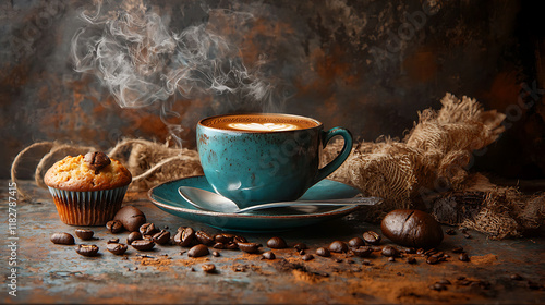 warm cup of espresso with spoon, muffin, and coffee beans on rustic surface. steam rises, creating cozy atmosphere