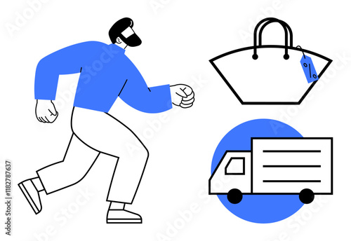 Person running, truck for delivery, shopping bag with tag. Ideal for online shopping, delivery services, logistics, consumer behavior, express shipping retail e-commerce. Abstract line flat