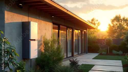 Concept of a home battery packs alternative electric energy storage system at modern home garage wall as backup or sustainable energy concepts.