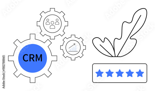 CRM gear, gears with user icons and growth chart, leaf with five-star rating. Ideal for business operations, customer feedback, organizational efficiency, service quality, productivity, data