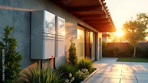 Concept of a home battery packs alternative electric energy storage system at modern home garage wall as backup or sustainable energy concepts.