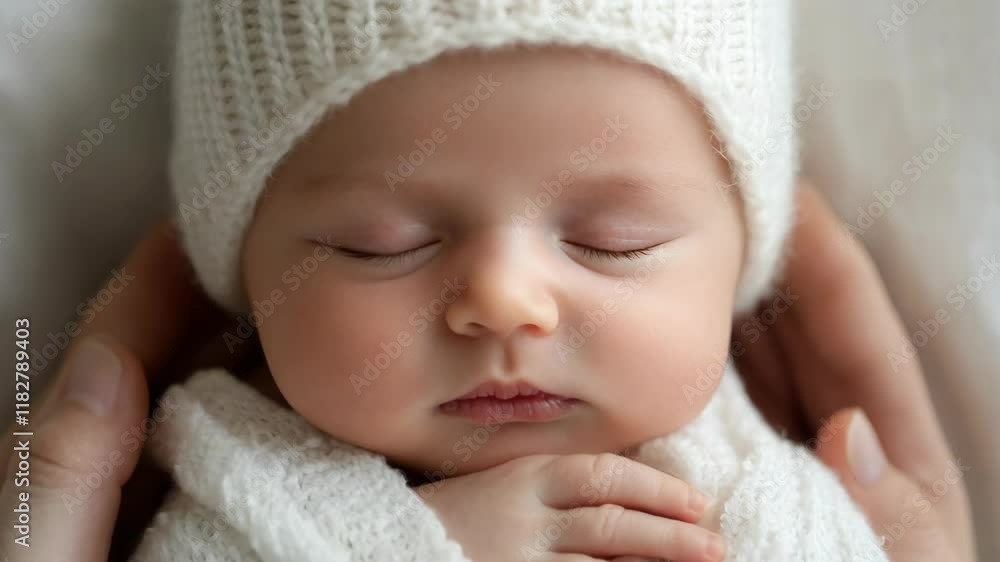 Peaceful baby sleeping in cozy blanket and hat, gently cradled in hands, radiating warmth and tenderness, evoking serene moments of infant bliss. Peaceful baby sleeping in cozy blanket and hat, gently cradled in hands, radiating warmth and tenderness, evoking serene moments of infant bliss.