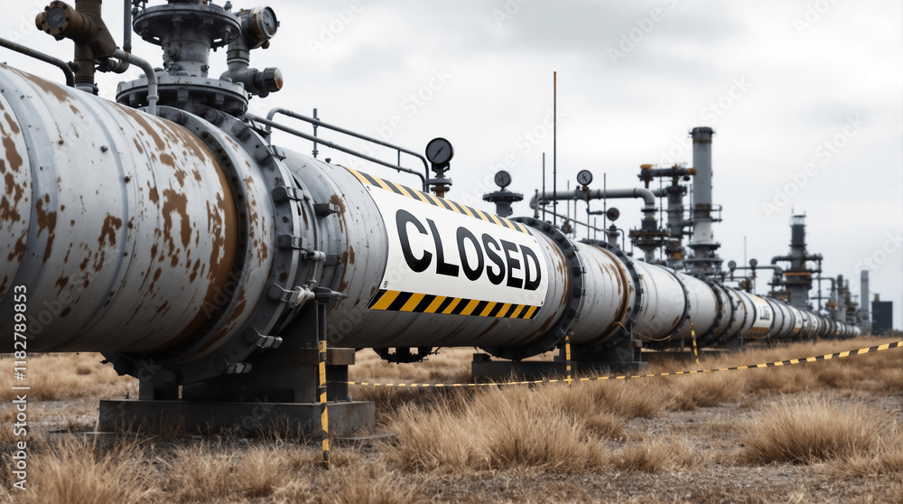 Naklejka premium Closed Industrial Gas Pipeline in Remote Area - 远离城市的封闭工业天然气管道 - Geschlossener Industrie-Gasleitung in abgelegener Gegend