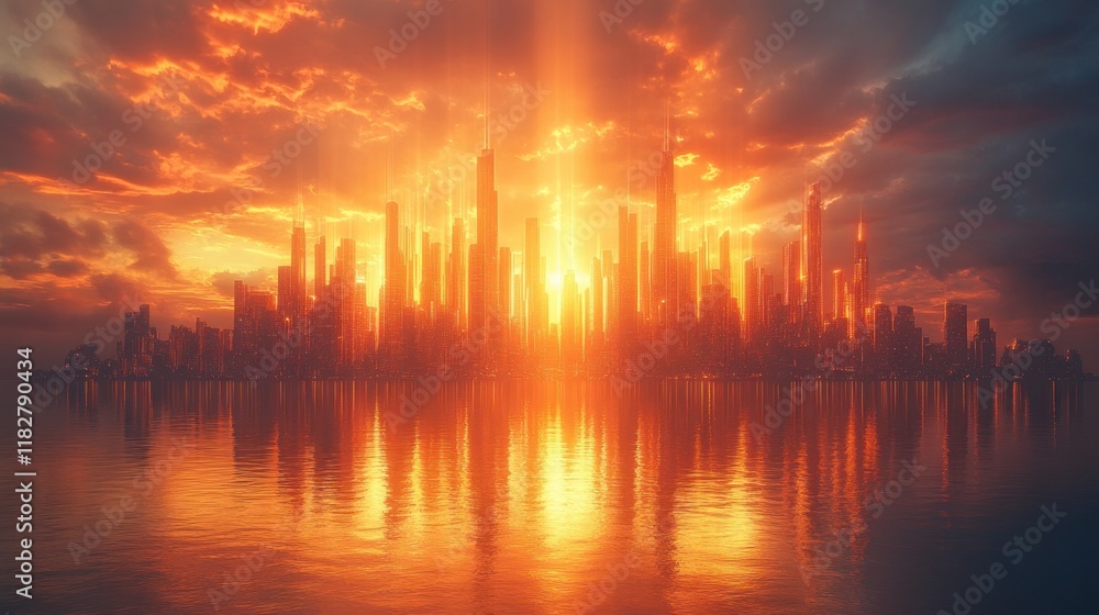 Sunset Cityscape with Golden Rays and Geometric Lines in Art Deco Style Sunset Cityscape with Golden Rays and Geometric Lines in Art Deco Style