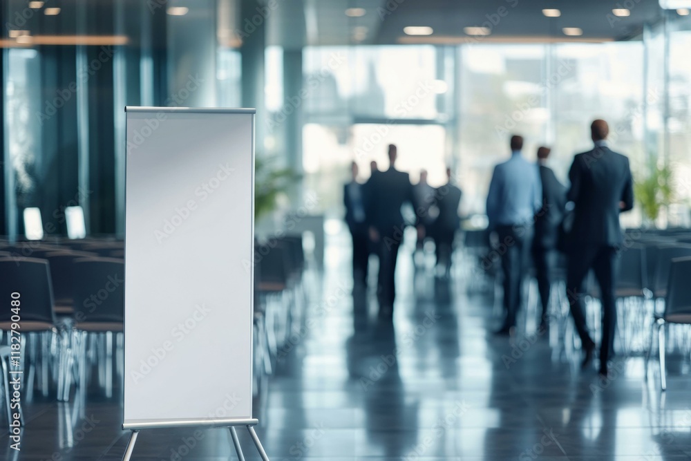 Mockup of blank pull-up banner in corporate lobby with business professionals in background, ideal for advertising. Mockup of blank pull-up banner in corporate lobby with business professionals in background, ideal for advertising.