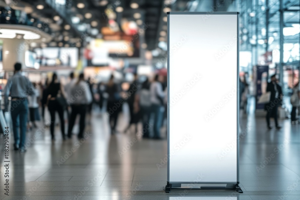 Pull-up banner mockup in busy shopping mall with blurred crowd, ideal for advertising and promotional design Pull-up banner mockup in busy shopping mall with blurred crowd, ideal for advertising and promotional design