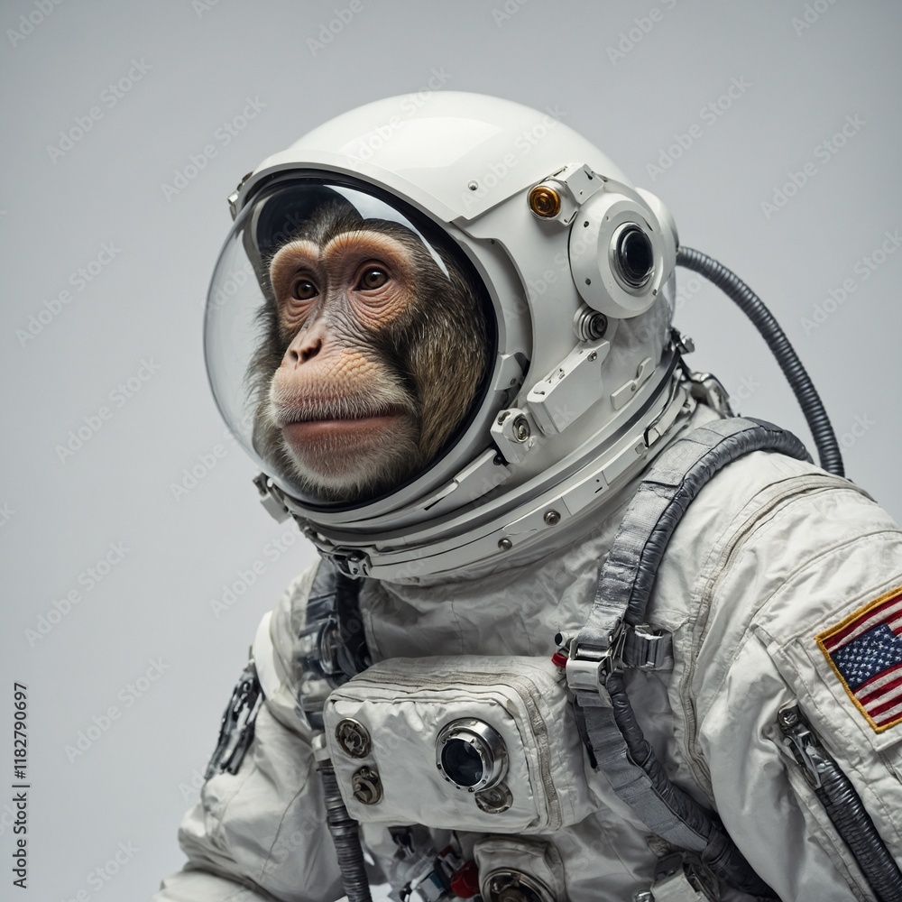 Fototapeta premium A monkey in a space suit floating in space with a white background.