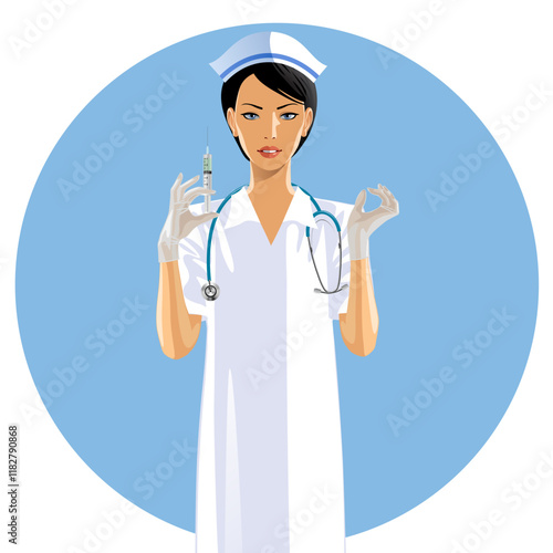 A frontal standing young nurse in a white medical uniform with a stethoscope around her neck and a syringe in her hands wearing transparent gloves. Vector illustration