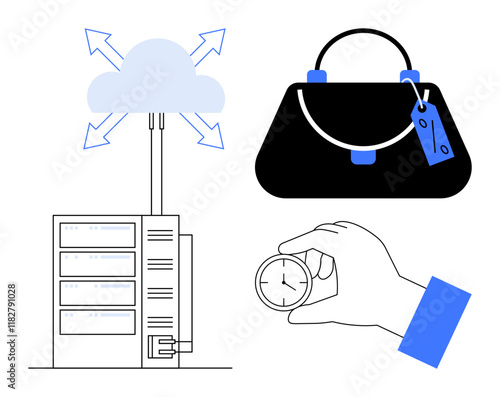 Cloud connected to a serverdataroom, business bag with tag, hand holding pocket watch. Ideal for business, technology, time management, data storage, cybersecurity, modern work cloud integration