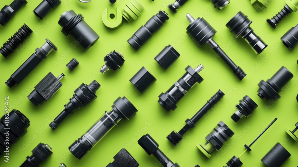 Precision-engineered fuel injector components on a lime green background Precision-engineered fuel injector components on a lime green background