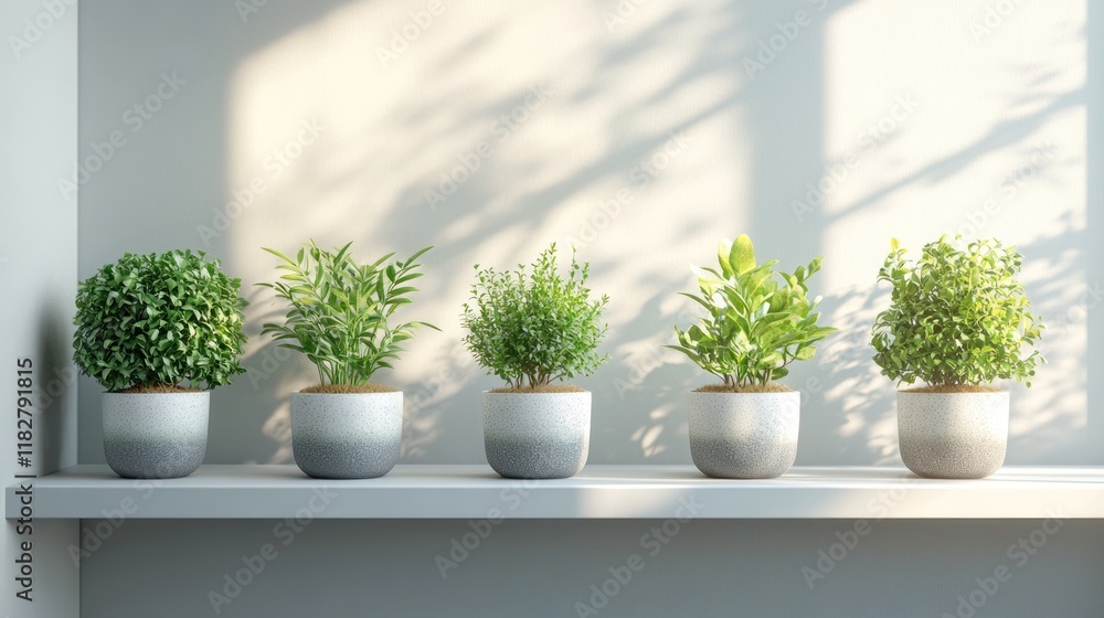Fototapeta premium Interior display of potted greenery on a shelf with sunlight illuminating the plants in a modern setting. Generative AI