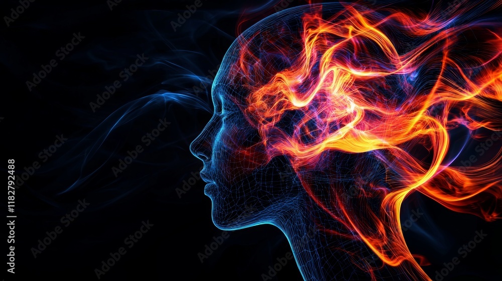 A distorted human profile dissolving into a swirling vortex of light, neon hues, sci-fi surrealism, high-tech abstraction, luminous holographic finish A distorted human profile dissolving into a swirling vortex of light, neon hues, sci-fi surrealism, high-tech abstraction, luminous holographic finish