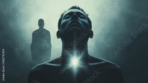 Man in silhouette with glowing heart in dark misty environment during an emotional moment. Generative AI