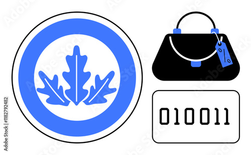 Oak leaves emblem in a circle, a digital binary code 010011, and a black handbag with a blue tag. Ideal for technology, nature symbolism, fashion, commerce, digital security, branding abstract line