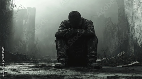 Lonely figure sits on a cracked surface surrounded by fog and ruins in a desolate environment. Generative AI