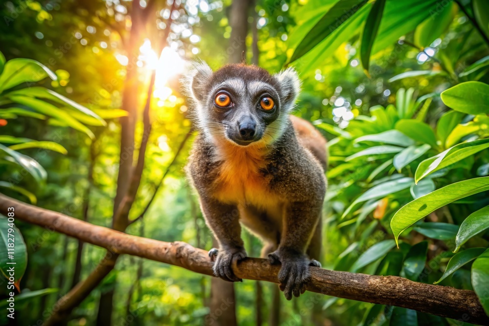 Obraz premium Drone Shot: Focused Lemur Perched High in Lush Tree Canopy