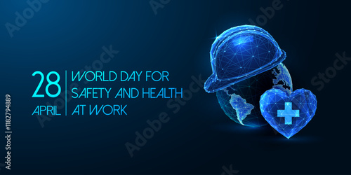 World Day for Safety and Health at Work concept web banner on dark blue. Workplace safety land page