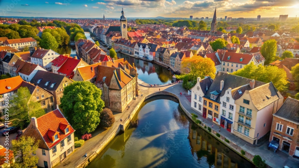 Fototapeta premium Drone View of Bruges, Belgium: Charming Medieval Cityscape & Canals