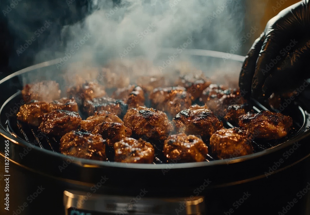 Smoky Grill with Delicious Meatballs Cooking Over Charcoal, Capturing Flavors and Juicy Texture in a Professional Barbecue Setting Smoky Grill with Delicious Meatballs Cooking Over Charcoal, Capturing Flavors and Juicy Texture in a Professional Barbecue Setting