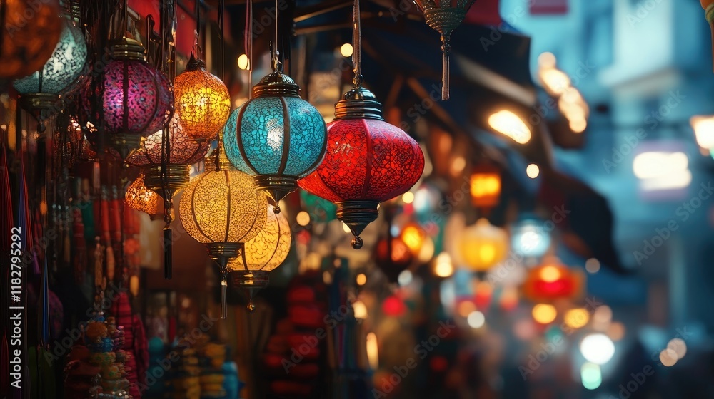 A vibrant scene of lanterns hanging in a market during Ramzan, with colorful fabrics and festive decorations creating a lively ambiance. A vibrant scene of lanterns hanging in a market during Ramzan, with colorful fabrics and festive decorations creating a lively ambiance.