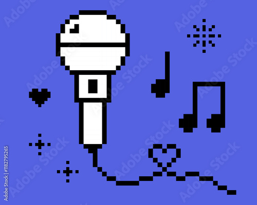 Music festival vector illustration in pixel art. Trendy Y2k retro sticker. Playful pixel shapes. Microphone icon. Mic, song, heart. Rock-n-roll, music notes, cool. Mood of 90's. Game abstract elements
