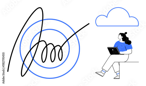 Woman using laptop while sitting next to cloud icon and signature. Ideal for online collaboration, remote work, e-signatures, cloud computing, digital business, online storage, virtual meetings. Line