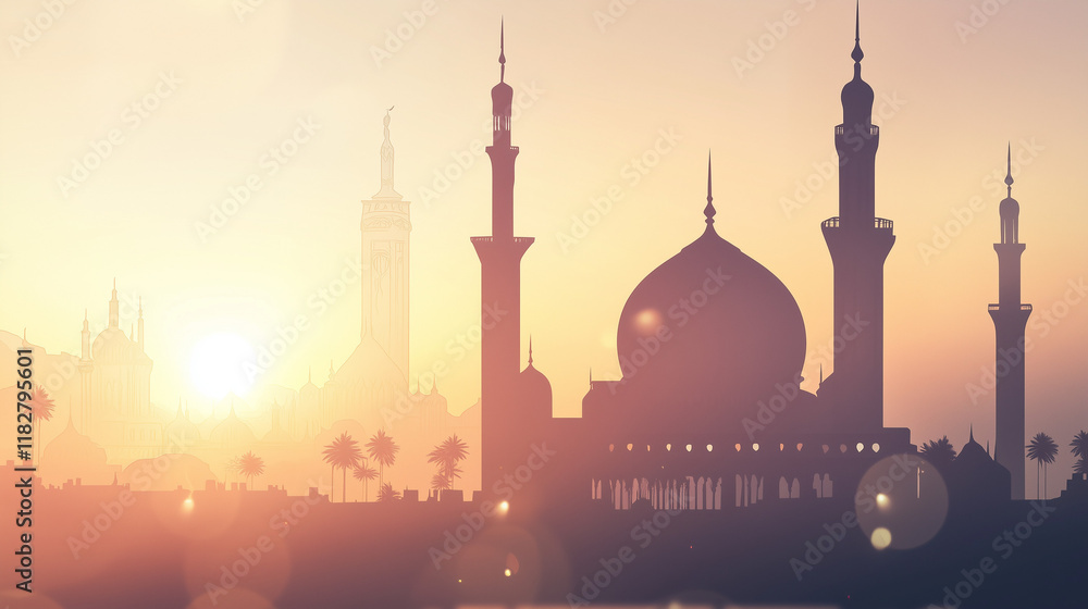 Fototapeta premium vector art, blurred background of mosque in the distance, lots of empty space for text, ramadan vibes and ornaments