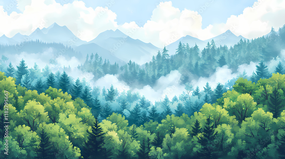 Naklejka premium Aerial view forest idea. lush green forest with a diverse array of tree types under a cloudy sky. Frostglint. Illustration
