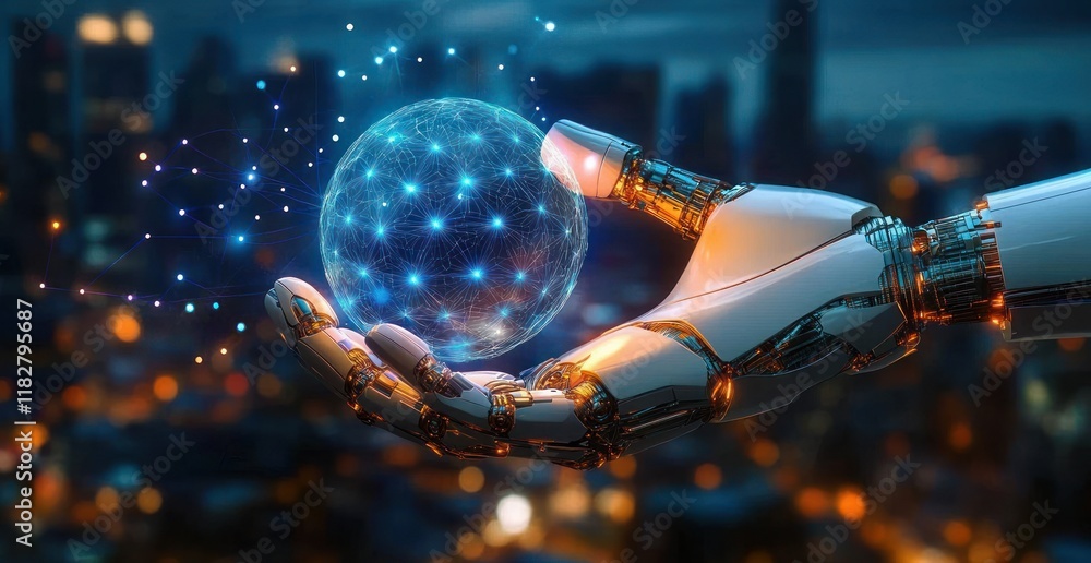 Naklejka premium Futuristic City with Robotic Hand Holding Spherical Object Technology Innovation Cyberpunk Style