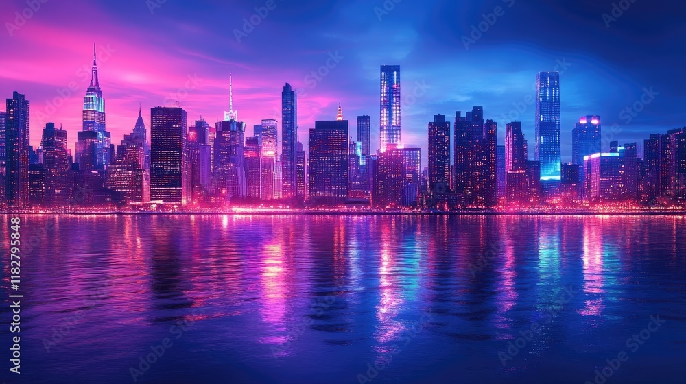 Obraz premium A vibrant city skyline at dusk, with skyscrapers lit up against a deep blue sky, reflecting in the water below, creating a mesmerizing urban landscape.