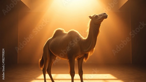 Golden Light Illuminates a Single Camel in a Room photo