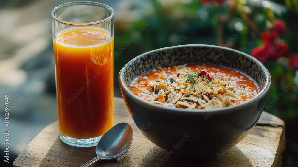 A bowl of cereal with milk and a spoon placed next to a glass of fresh juice. A bowl of cereal with milk and a spoon placed next to a glass of fresh juice.