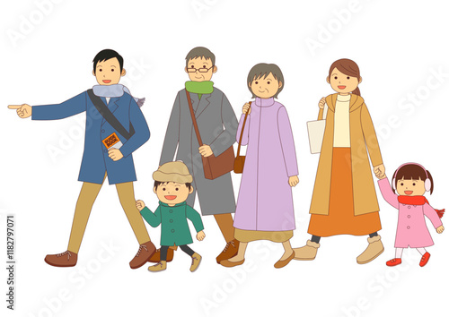 冬に観光をする6人の家族のイラストのイメージ_主線あり
