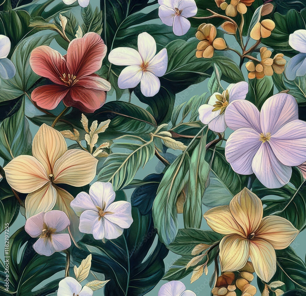 Exotic Tropical Floral Pattern with Lush Leaves and Vintage Watercolor Design Exotic Tropical Floral Pattern with Lush Leaves and Vintage Watercolor Design