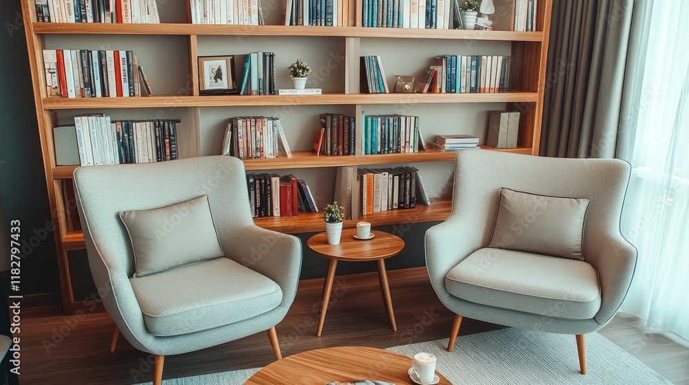 A bright office lounge area with comfy chairs, coffee tables, and bookshelves. A bright office lounge area with comfy chairs, coffee tables, and bookshelves.