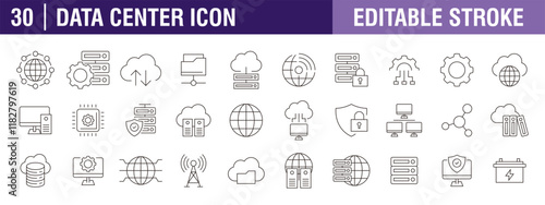 Collection of data center icons. Analytics, hosting, storage, cloud computing. Vector design template, signs, symbols, editable stroke.