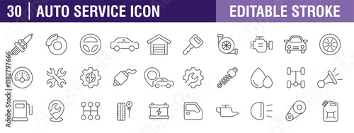Collection of auto service icons. Workshop, car, vehicle, mechanic. Vector design template, signs, symbols, editable stroke.