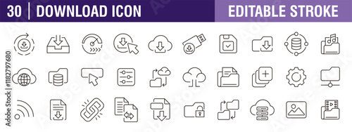 Collection of download icons. Documents, files, uploads, transfers, data. Vector design template, signs, symbols, editable stroke.