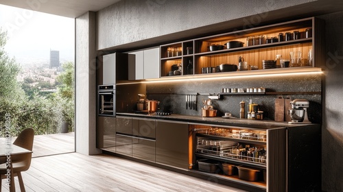 Wallpaper Mural A compact kitchen in a small apartment with modern appliances and a pull-out pantry. Torontodigital.ca