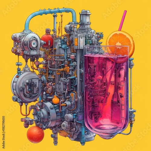 Vibrant Isometric Drink with Complex Machine Amplifier and Colorful Wires photo