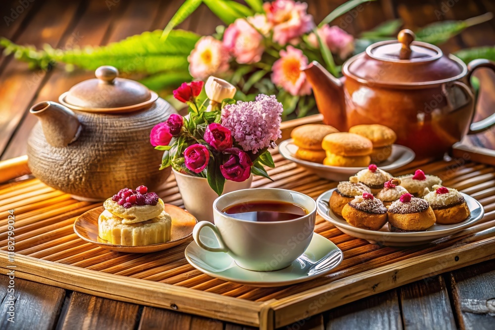 Fototapeta premium Elegant Afternoon Tea Set on Bamboo Tray - Stock Photo