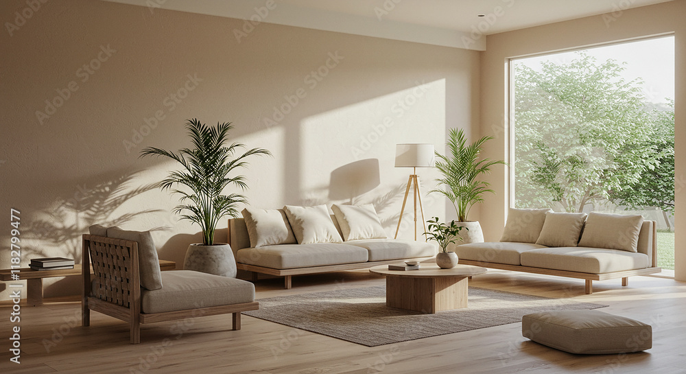 Fototapeta premium Modern Minimalist Living Room Interior Design with Natural Light and Wooden Furniture