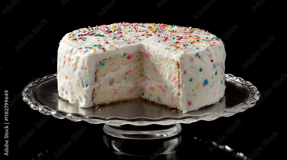 A funfetti cake with rainbow sprinkles mixed into the batter and frosting. A funfetti cake with rainbow sprinkles mixed into the batter and frosting.