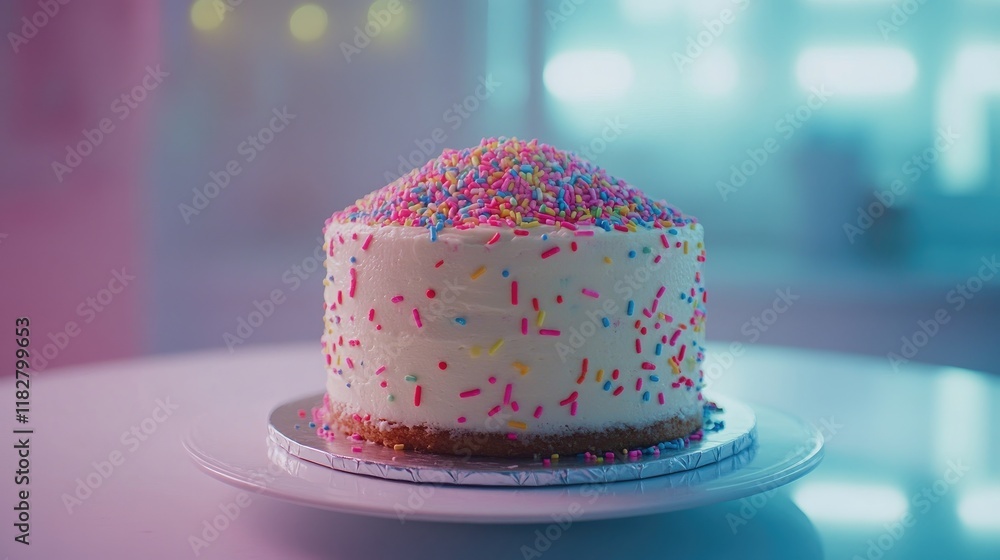 A funfetti cake with rainbow sprinkles mixed into the batter and frosting. A funfetti cake with rainbow sprinkles mixed into the batter and frosting.