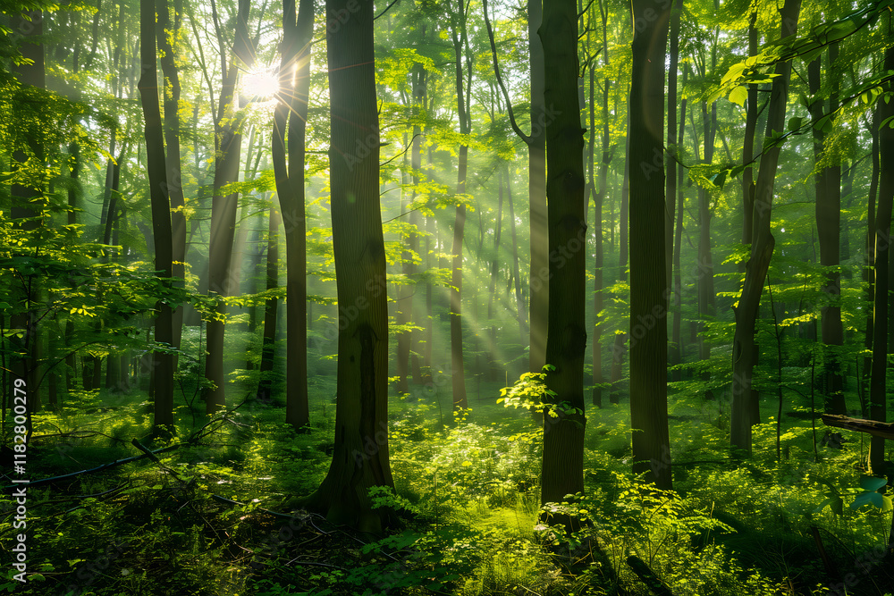 Fototapeta premium looking up in the green forest towards sunlight in spring. High quality photo