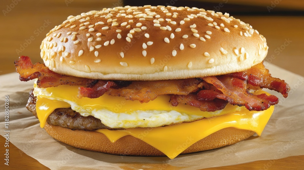 A hearty breakfast sandwich filled with egg, cheese, and bacon on a sesame bun. A hearty breakfast sandwich filled with egg, cheese, and bacon on a sesame bun.