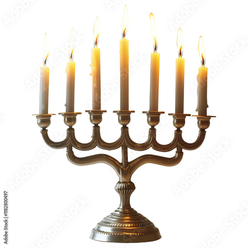 Elegant gold menorah lit with seven candles, providing warm, ambient light, perfect for Hanukkah celebrations, religious events, and decor. photo