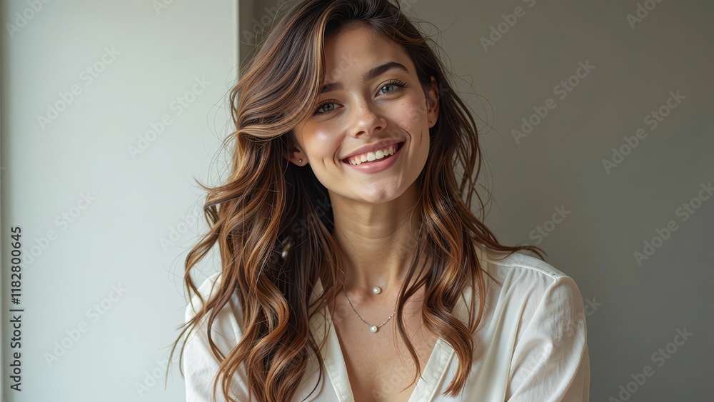 Fototapeta premium A radiant young woman beams with warmth, her wavy brown locks cascading down as she gazes directly into the lens with a subtle, enigmatic smile, a delicate pearl necklace framing her slender neck