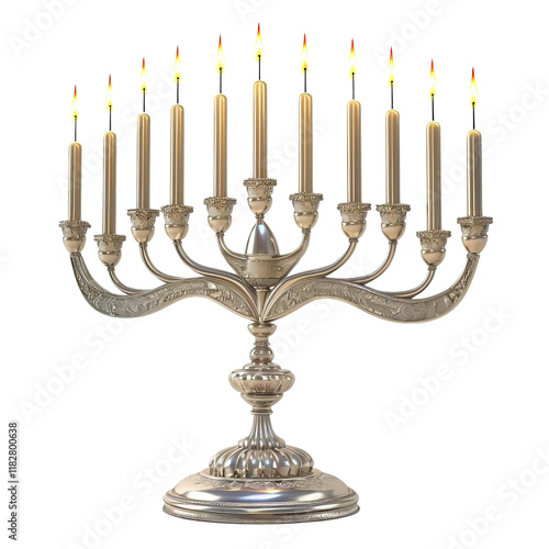 Elegant menorah with lit candles on a white background, symbolizing the Jewish festival of Hanukkah, featuring intricate details and craftsmanship. photo